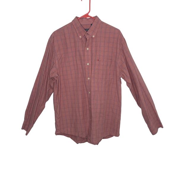 Izod shirt men's size large button down up red blue stripe striped plaid classic - Picture 1 of 12